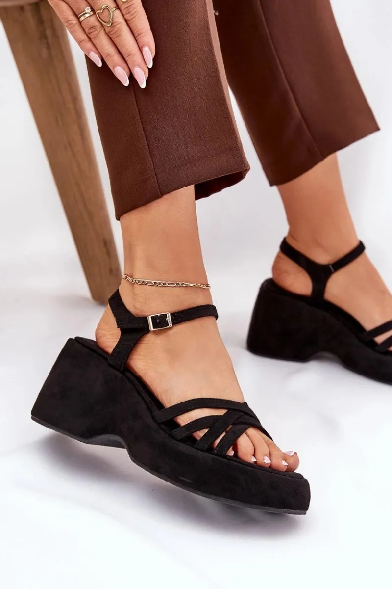 Outlet Boto Sandały Na Platformie I Koturnie Z Eko Zamszu Czarne Nendal Czarny