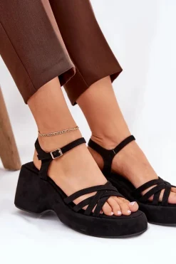 Outlet Boto Sandały Na Platformie I Koturnie Z Eko Zamszu Czarne Nendal Czarny