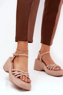 Sandały Na Platformie I Koturnie Z Eko Zamszu Beżowe Nendal Damskie Sandały Na Koturnie