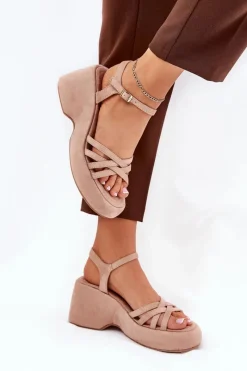 Sandały Na Platformie I Koturnie Z Eko Zamszu Beżowe Nendal Damskie Sandały Na Koturnie