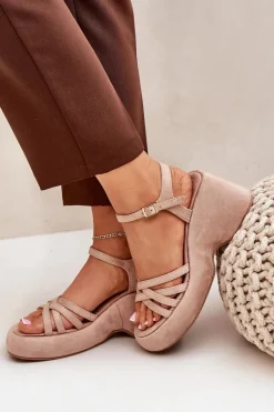 Sandały Na Platformie I Koturnie Z Eko Zamszu Beżowe Nendal Damskie Sandały Na Koturnie