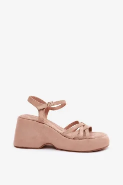 Sandały Na Platformie I Koturnie Z Eko Zamszu Beżowe Nendal Damskie Sandały Na Koturnie