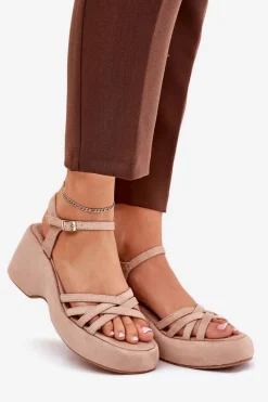 Sandały Na Platformie I Koturnie Z Eko Zamszu Beżowe Nendal Damskie Sandały Na Koturnie
