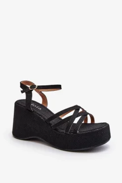 New Sandały Na Platformie I Koturnie Czarne Oporia Damskie Sandały Na Koturnie