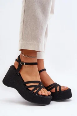 New Sandały Na Platformie I Koturnie Czarne Oporia Damskie Sandały Na Koturnie