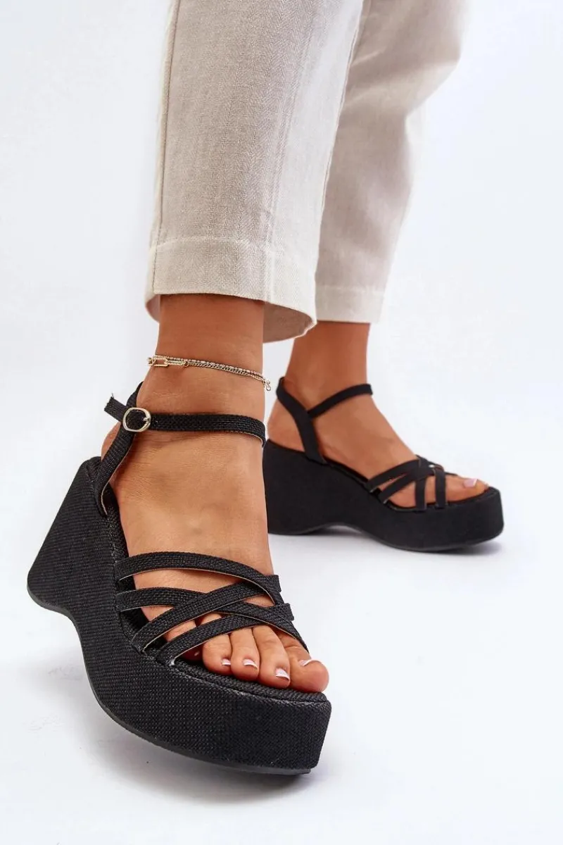 New Sandały Na Platformie I Koturnie Czarne Oporia Damskie Sandały Na Koturnie