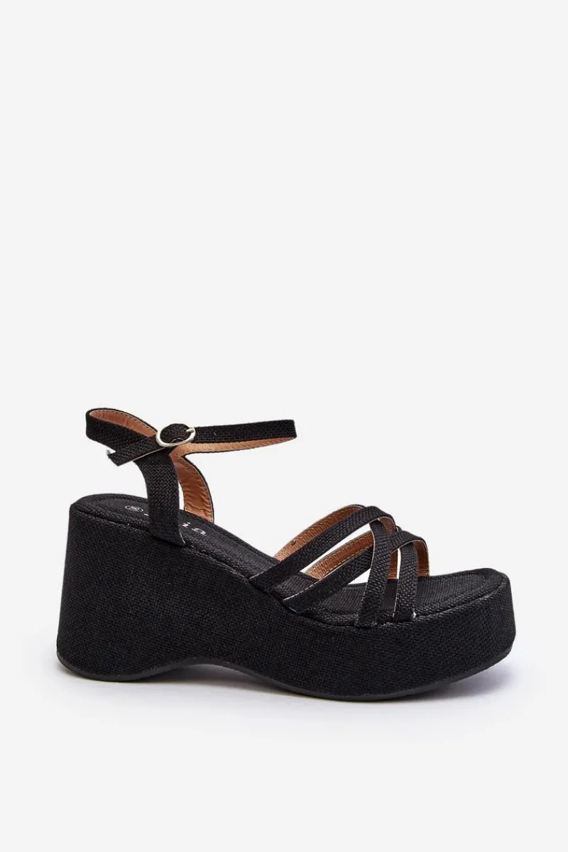 New Sandały Na Platformie I Koturnie Czarne Oporia Damskie Sandały Na Koturnie