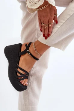 New Sandały Na Platformie I Koturnie Czarne Oporia Damskie Sandały Na Koturnie