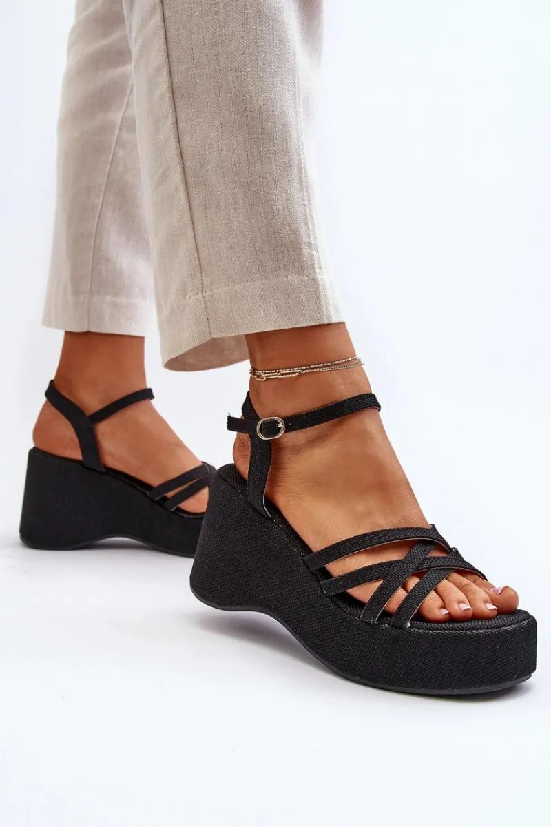 New Sandały Na Platformie I Koturnie Czarne Oporia Damskie Sandały Na Koturnie