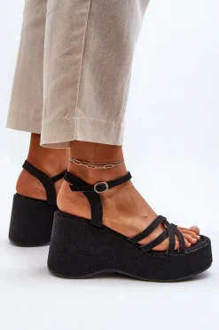 New Sandały Na Platformie I Koturnie Czarne Oporia Damskie Sandały Na Koturnie