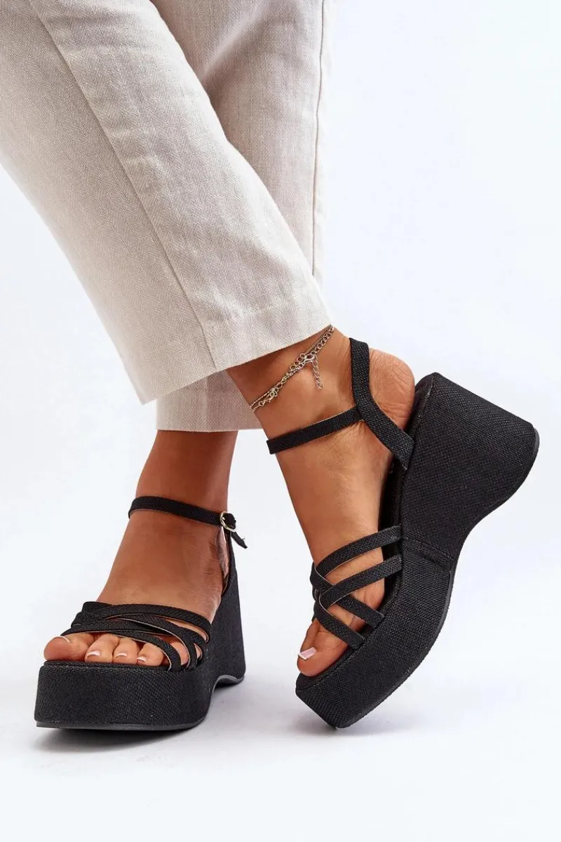 New Sandały Na Platformie I Koturnie Czarne Oporia Damskie Sandały Na Koturnie