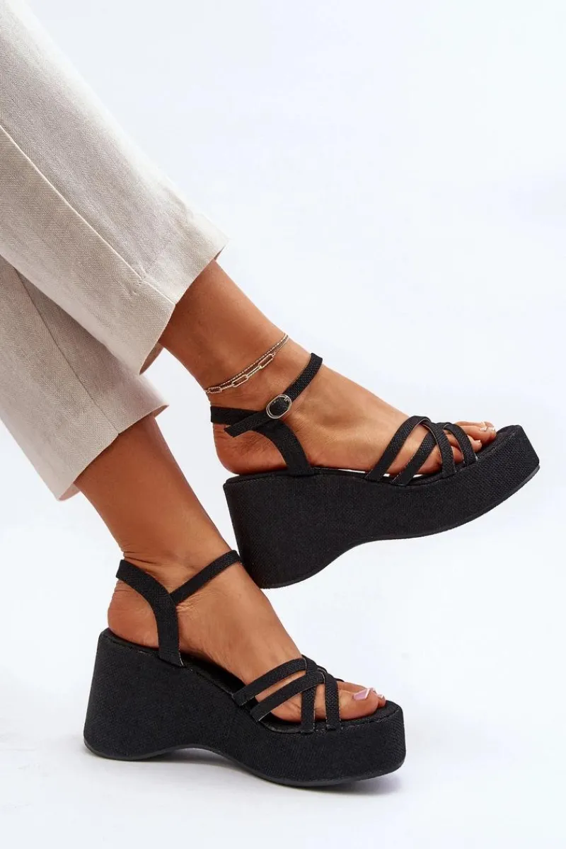 New Sandały Na Platformie I Koturnie Czarne Oporia Damskie Sandały Na Koturnie