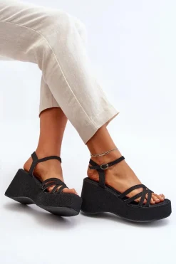 New Sandały Na Platformie I Koturnie Czarne Oporia Damskie Sandały Na Koturnie