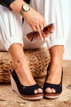 New Boto Sandały Na Plecionej Koturnie Czarne Tommy