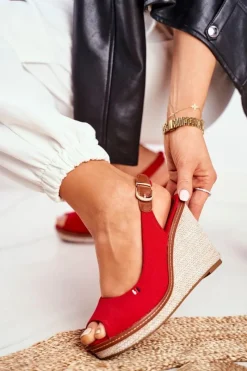 Online Sandały Na Plecionej Koturnie Czerwone Tommy Damskie Sandały Na Koturnie