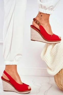 Online Sandały Na Plecionej Koturnie Czerwone Tommy Damskie Sandały Na Koturnie