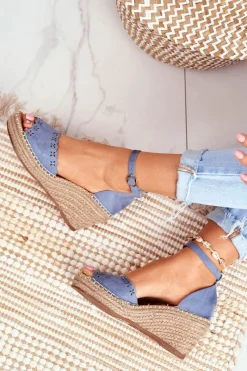 Best Sandały Na Plecionej Koturnie Niebieskie Sagittarius Damskie Sandały Na Koturnie