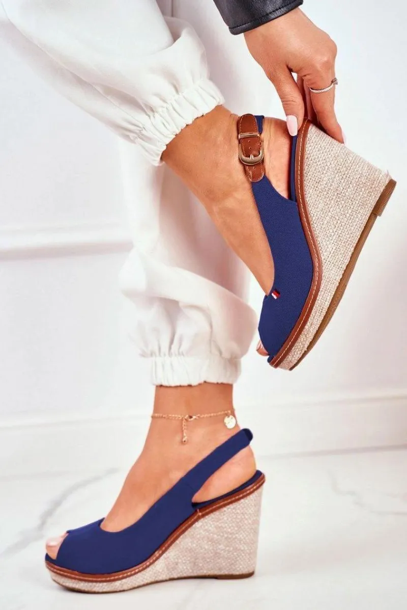 New Boto Sandały Na Plecionej Koturnie Granatowe Tommy