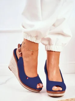 New Boto Sandały Na Plecionej Koturnie Granatowe Tommy