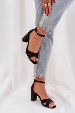 Clearance Sandały Na Słupkowym Obcasie Z Eko Zamszu Czarne Saniffia Damskie Sandały Na Obcasie