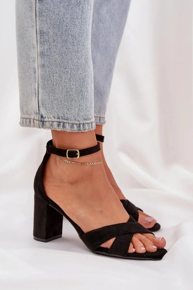 Clearance Sandały Na Słupkowym Obcasie Z Eko Zamszu Czarne Saniffia Damskie Sandały Na Obcasie
