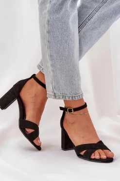 Clearance Sandały Na Słupkowym Obcasie Z Eko Zamszu Czarne Saniffia Damskie Sandały Na Obcasie