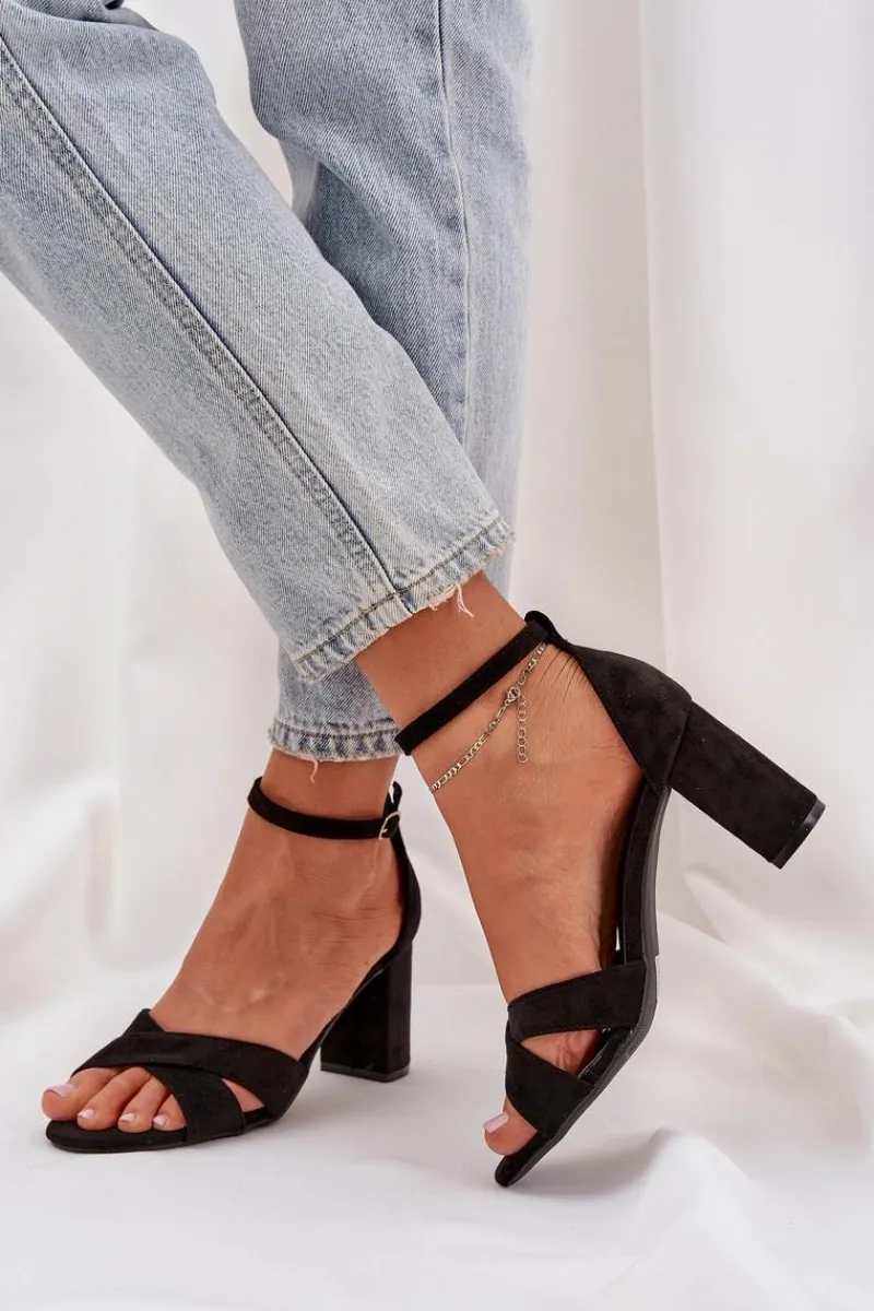 Clearance Sandały Na Słupkowym Obcasie Z Eko Zamszu Czarne Saniffia Damskie Sandały Na Obcasie