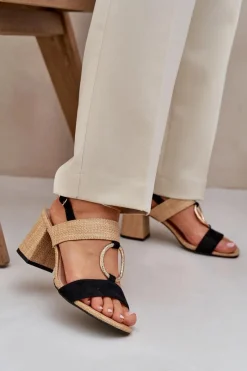 New Sandały Na Słupkowym Obcasie Czarno-Beżowe Afleeria Damskie Sandały Na Słupku|Sandały Na Obcasie
