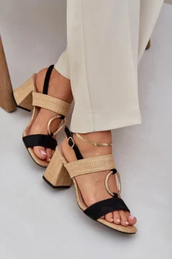 New Sandały Na Słupkowym Obcasie Czarno-Beżowe Afleeria Damskie Sandały Na Słupku|Sandały Na Obcasie