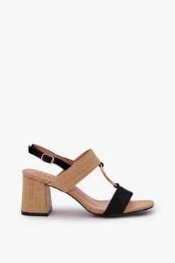 New Sandały Na Słupkowym Obcasie Czarno-Beżowe Afleeria Damskie Sandały Na Słupku|Sandały Na Obcasie
