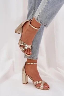 Sandały Na Obcasie>Boto Sandały Na Słupkowym Obcasie Z Eko Skóry Złote Lanaria