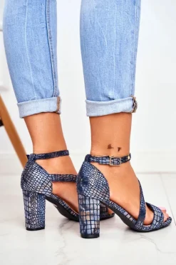 Sandały Na Obcasie>Buty Sergio Leone Sandały Na Słupku Sergio Leone SK870 Granatowe Zwierzęcy Wzór