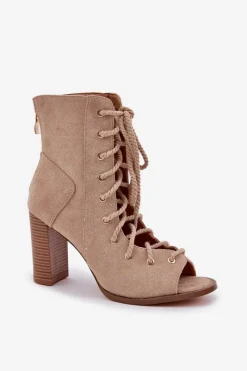 Outlet Boto Sandały Na Słupku Z Cholewką I Sznurowaniem Beżowe Ivelseki