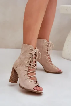 Outlet Boto Sandały Na Słupku Z Cholewką I Sznurowaniem Beżowe Ivelseki