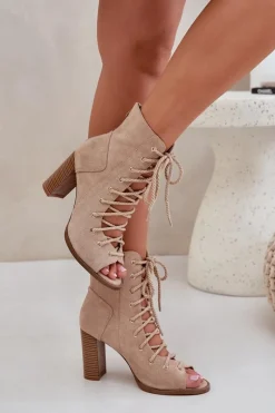 Outlet Boto Sandały Na Słupku Z Cholewką I Sznurowaniem Beżowe Ivelseki