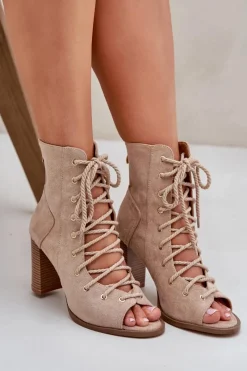 Outlet Boto Sandały Na Słupku Z Cholewką I Sznurowaniem Beżowe Ivelseki