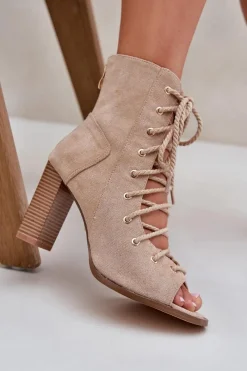 Outlet Boto Sandały Na Słupku Z Cholewką I Sznurowaniem Beżowe Ivelseki