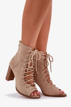 Outlet Boto Sandały Na Słupku Z Cholewką I Sznurowaniem Beżowe Ivelseki