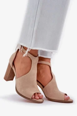 Sandały Na Słupku Z Eko Zamszu Beżowe Lanadriena Damskie Sandały Na Słupku|Sandały Na Obcasie