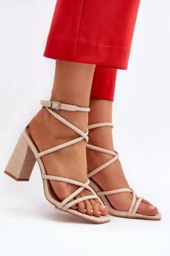 Sale Sandały Na Słupku Z Paskami Beżowe Herfiana Damskie Sandały Na Obcasie
