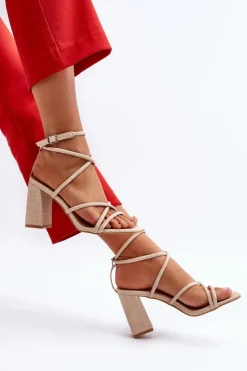Sale Sandały Na Słupku Z Paskami Beżowe Herfiana Damskie Sandały Na Obcasie