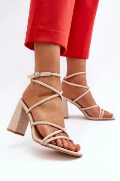Sale Sandały Na Słupku Z Paskami Beżowe Herfiana Damskie Sandały Na Obcasie