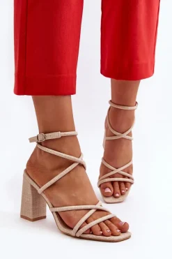 Sale Sandały Na Słupku Z Paskami Beżowe Herfiana Damskie Sandały Na Obcasie