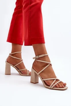 Sale Sandały Na Słupku Z Paskami Beżowe Herfiana Damskie Sandały Na Obcasie