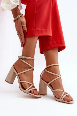 Sale Sandały Na Słupku Z Paskami Beżowe Herfiana Damskie Sandały Na Obcasie