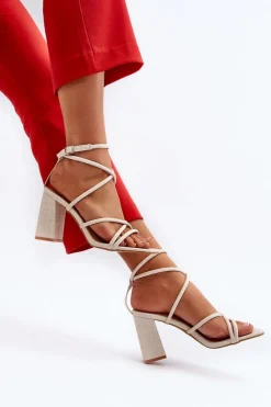 Best Sandały Na Słupku Z Paskami Nude Herfiana Damskie Sandały Na Obcasie