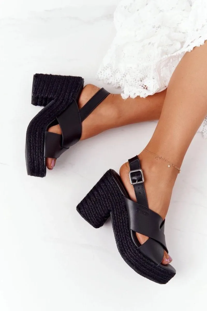 Clearance Sandały Na Słupku Z Plecionką Big Star HH274387 Czarne Damskie Sandały Big Star|Sandały Na Obcasie