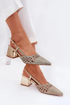 Boto Sandały Na Słupku Z Plecionką I Szpiczastymi Noskami Złote Resterri