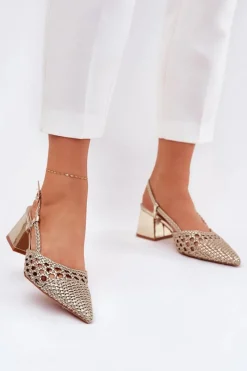 Boto Sandały Na Słupku Z Plecionką I Szpiczastymi Noskami Złote Resterri