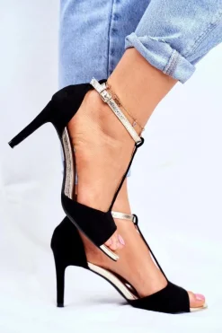 Discount Sandały Na Szpilce S.Barski 280-58 Czarno-Złote Damskie Sandały Na Obcasie
